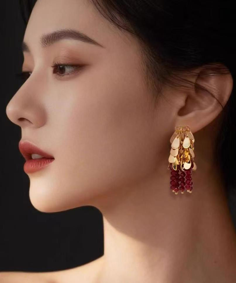 Art Red Copper Alloy Crystal Tassel Drop Earrings