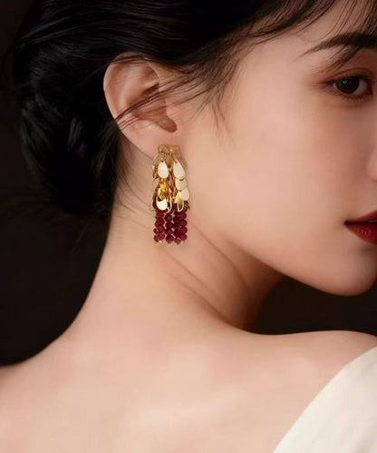 Art Red Copper Alloy Crystal Tassel Drop Earrings