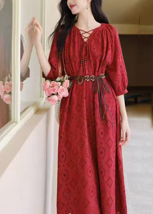 Art Red Embroidered Hollow Out Cotton Holiday Dress Summer