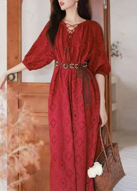 Art Red Embroidered Hollow Out Cotton Holiday Dress Summer