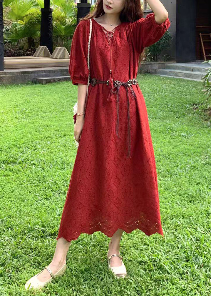 Art Red Embroidered Hollow Out Cotton Holiday Dress Summer