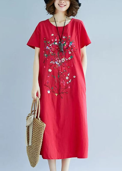 Art Red Embroidered Linen Holiday Dress Summer