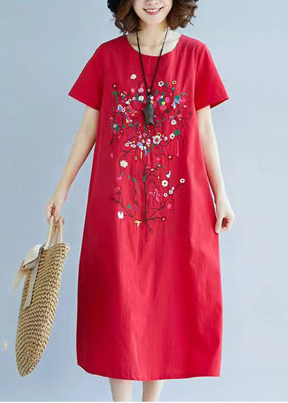 Art Red Embroidered Linen Holiday Dress Summer