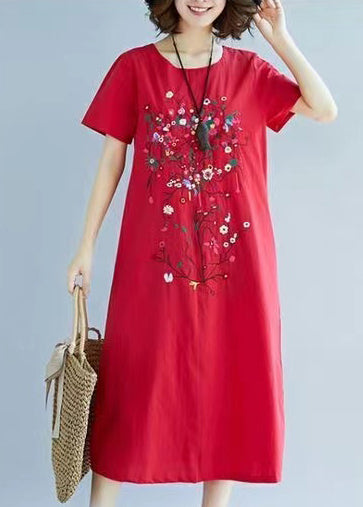 Art Red Embroidered Linen Holiday Dress Summer