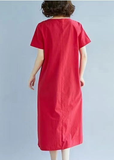 Art Red Embroidered Linen Holiday Dress Summer