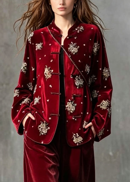 Art Red Embroidered Nail Bead Silk Velvet Two Piece Set Fall