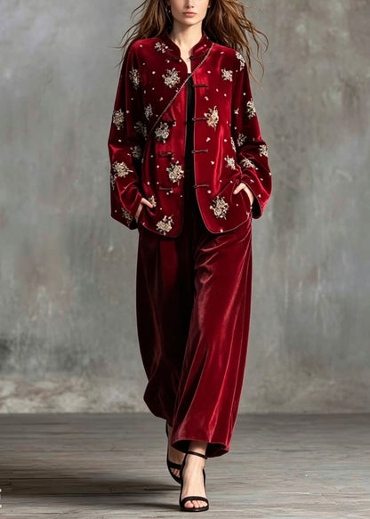 Art Red Embroidered Nail Bead Silk Velvet Two Piece Set Fall