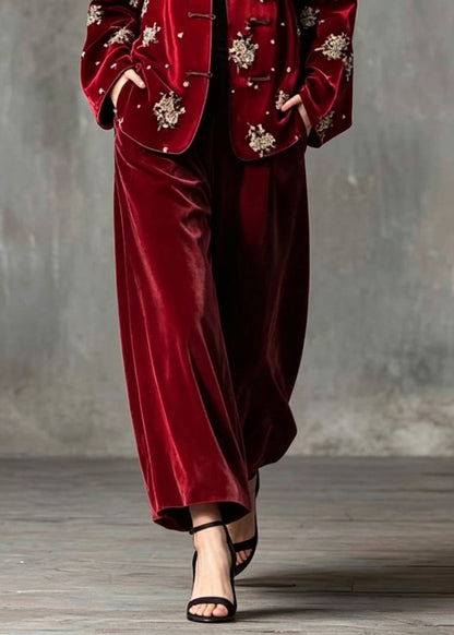 Art Red Embroidered Nail Bead Silk Velvet Two Piece Set Fall