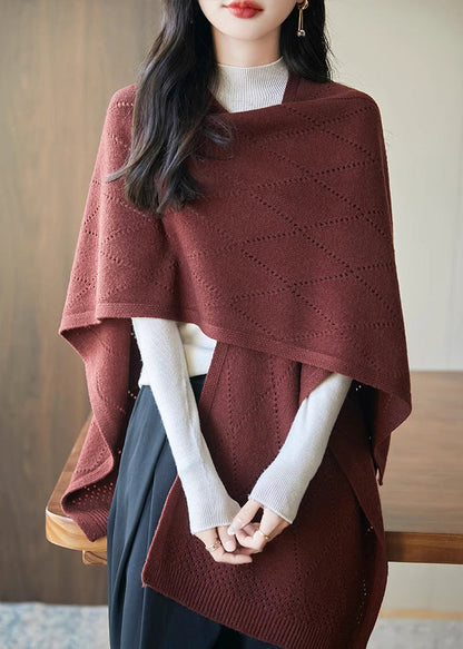 Art Red Hollow Out Solid Knit Shawl Sweater Fall
