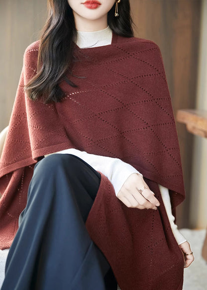 Art Red Hollow Out Solid Knit Shawl Sweater Fall