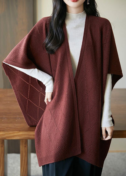 Art Red Hollow Out Solid Knit Shawl Sweater Fall