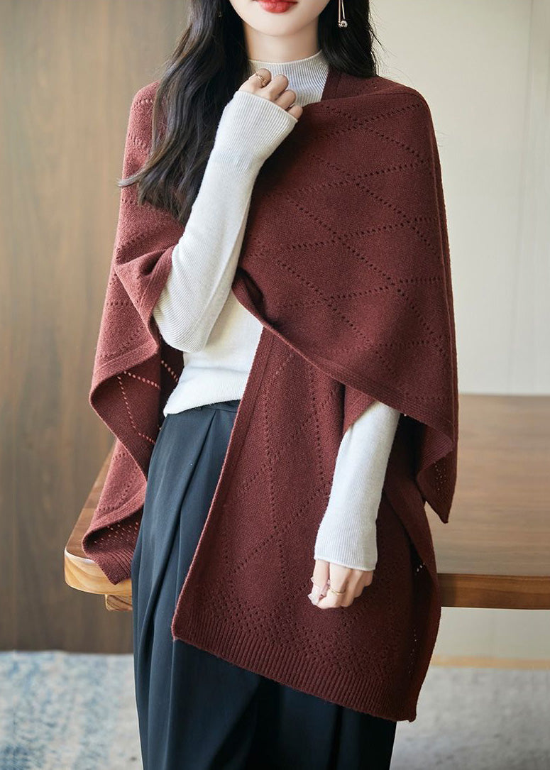 Art Red Hollow Out Solid Knit Shawl Sweater Fall