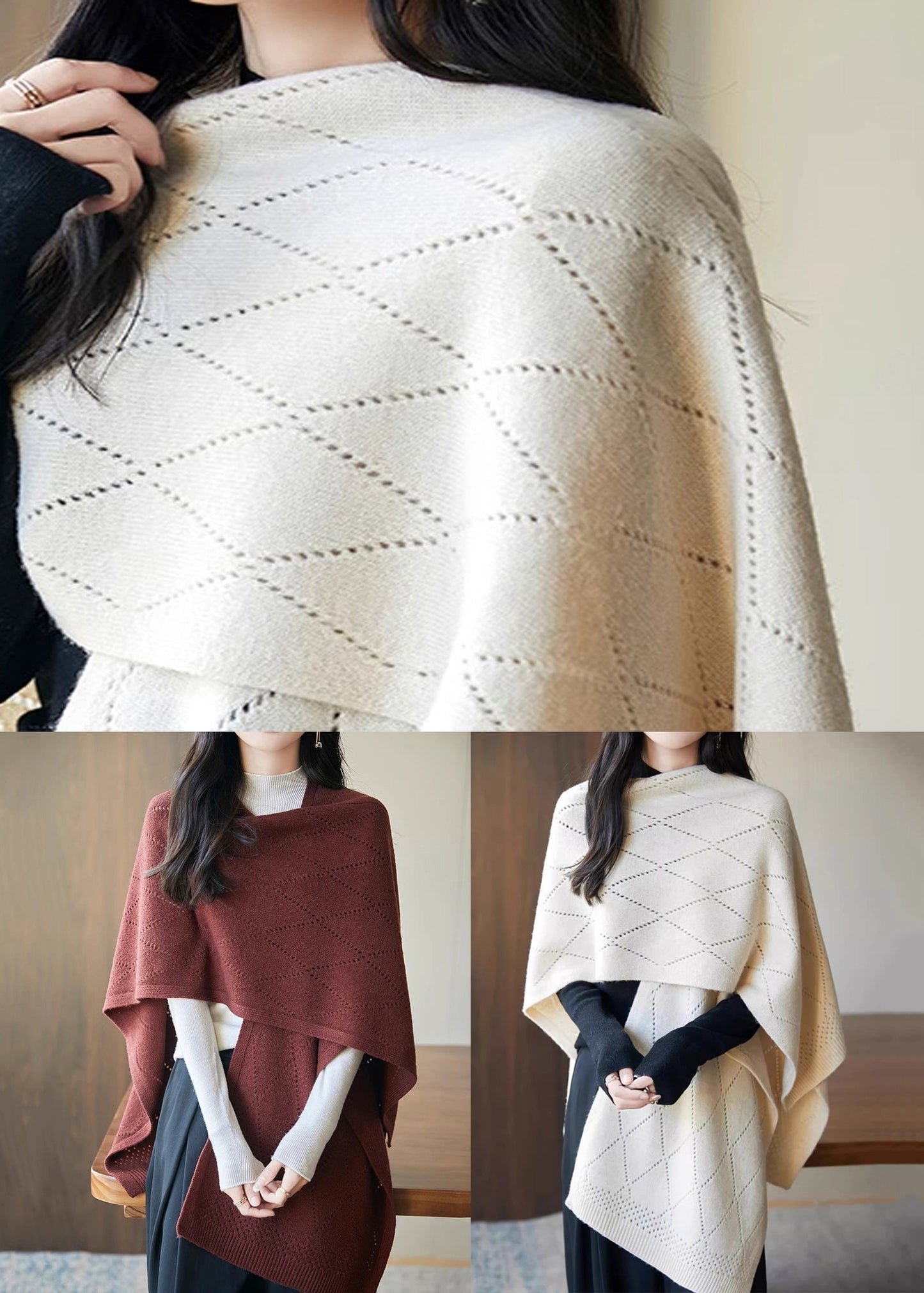 Art Red Hollow Out Solid Knit Shawl Sweater Fall