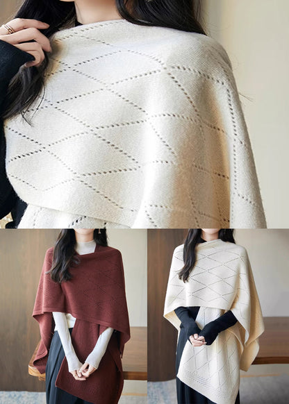 Art Red Hollow Out Solid Knit Shawl Sweater Fall