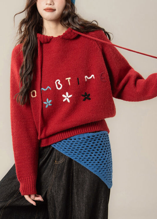 Art Red Hooded Embroidered Knit Sweaters Spring