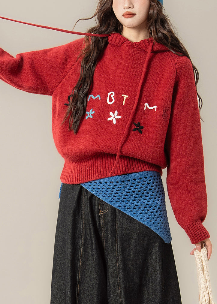 Art Red Hooded Embroidered Knit Sweaters Spring