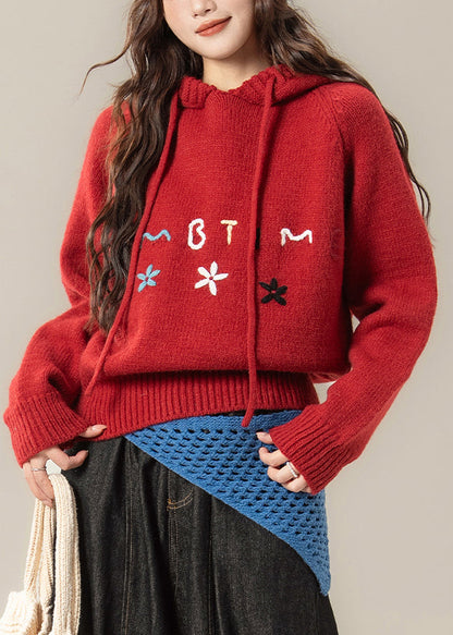 Art Red Hooded Embroidered Knit Sweaters Spring