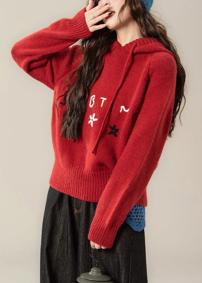 Art Red Hooded Embroidered Knit Sweaters Spring