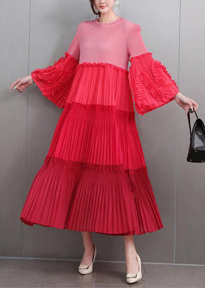 Art Red Nail Bead Wrinkled Patchwork Long Dresses Flare Sleeve