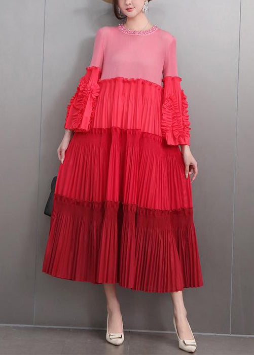 Art Red Nail Bead Wrinkled Patchwork Long Dresses Flare Sleeve