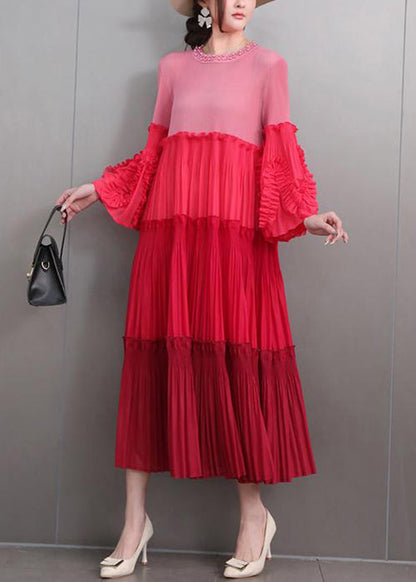 Art Red Nail Bead Wrinkled Patchwork Long Dresses Flare Sleeve