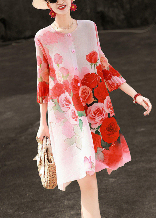 Art Red O-Neck Print Button Maxi Shirts Dresses Lantern Sleeve