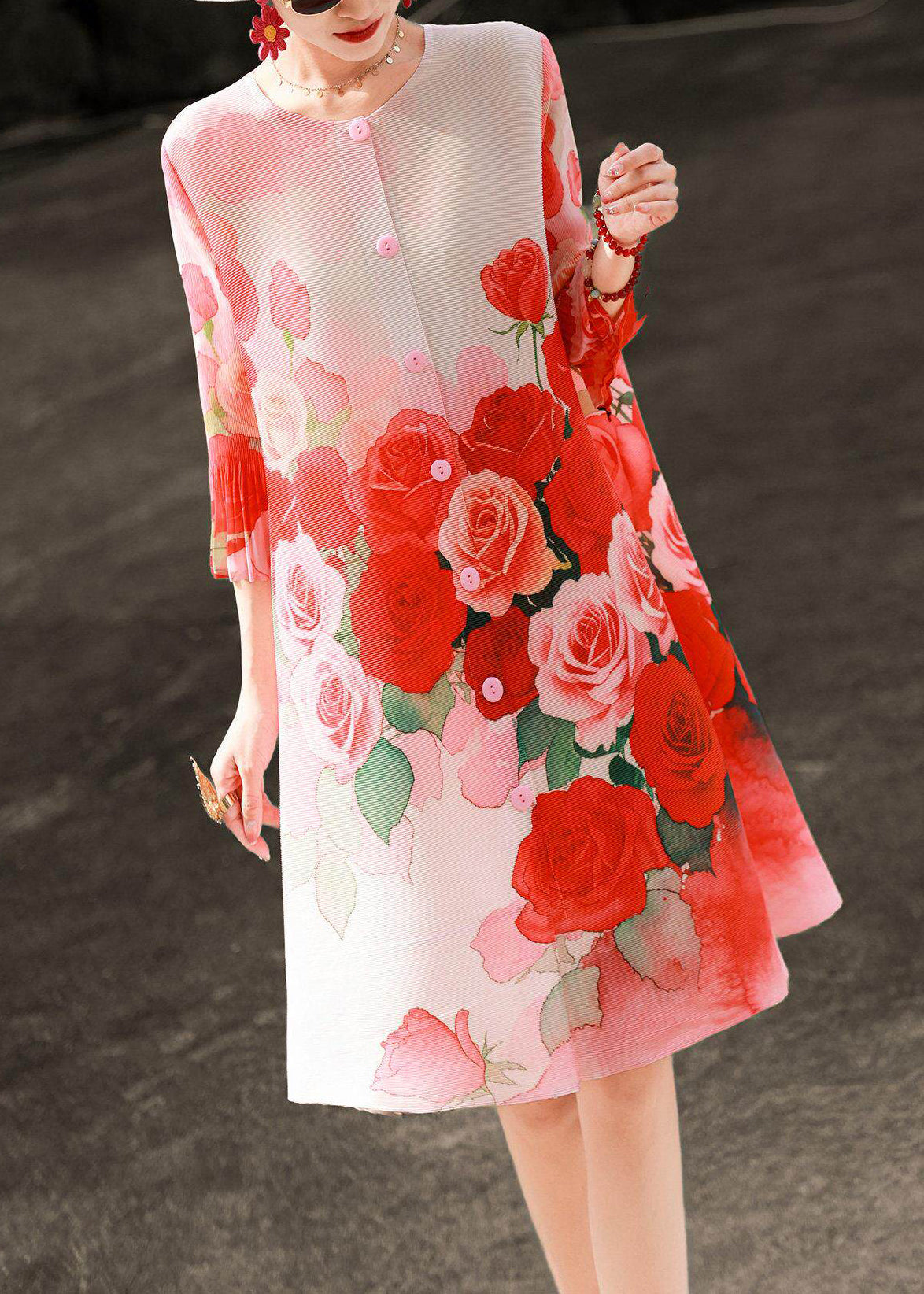 Art Red O-Neck Print Button Maxi Shirts Dresses Lantern Sleeve