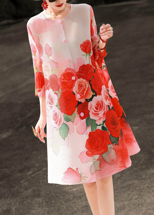 Art Red O-Neck Print Button Maxi Shirts Dresses Lantern Sleeve