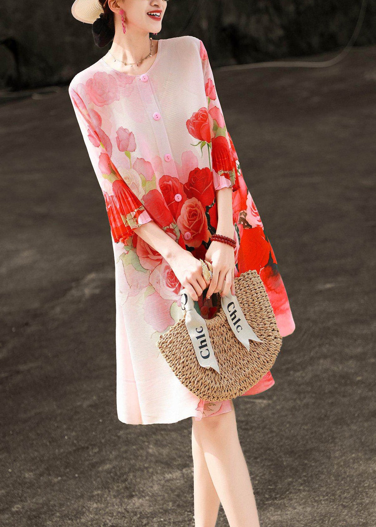 Art Red O-Neck Print Button Maxi Shirts Dresses Lantern Sleeve