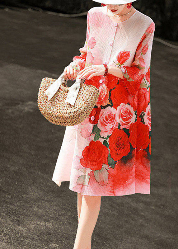Art Red O-Neck Print Button Maxi Shirts Dresses Lantern Sleeve