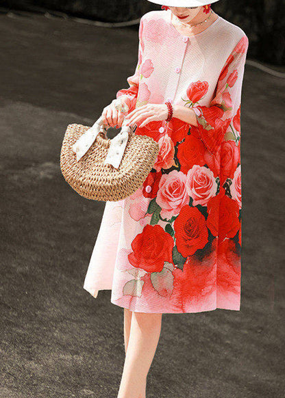 Art Red O-Neck Print Button Maxi Shirts Dresses Lantern Sleeve