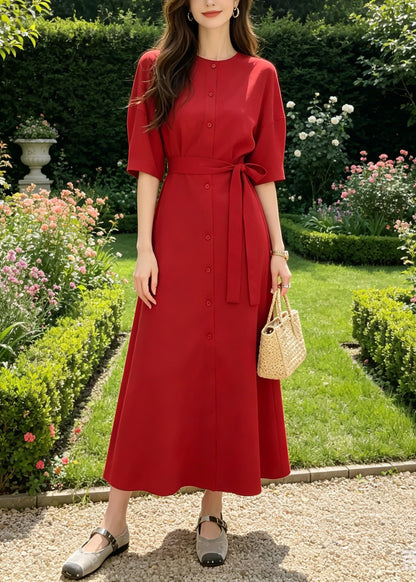 Art Red O-Neck Tie Waist Button Maxi Shirt Dress Summer
