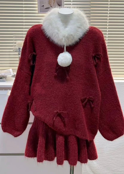Art Red Oversized Bow Knit Two Pieces Set Winter