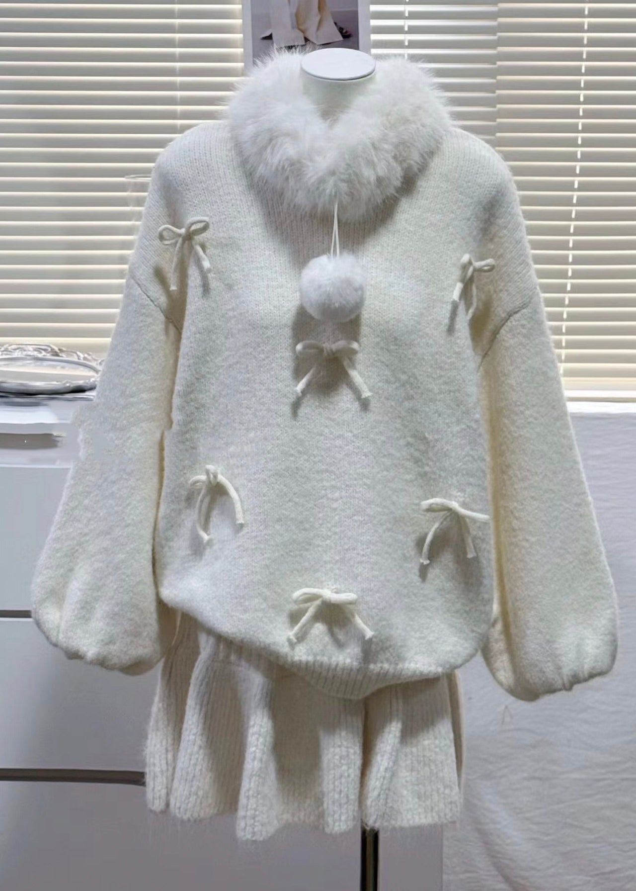 Art Red Oversized Bow Knit Two Pieces Set Winter