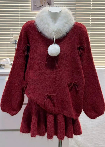 Art Red Oversized Bow Knit Two Pieces Set Winter