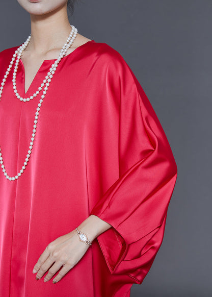 Art Red Oversized Silk Robe Dresses Batwing Sleeve