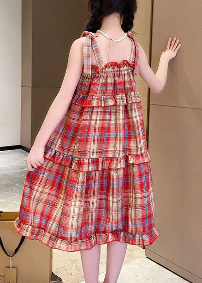 Art Red Plaid Ruffled Bow Patchwork Cotton Kids Girls Dresses Summer