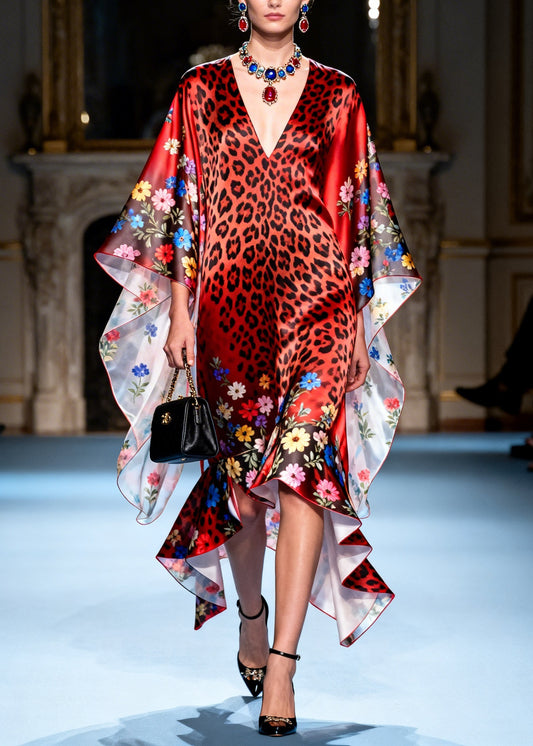 Art Red Ruffled Asymmetrical Design Patchwork Silk Dresses Summer