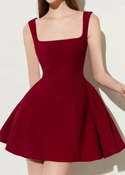 Art Red Square Collar Cotton Mini Dress Summer