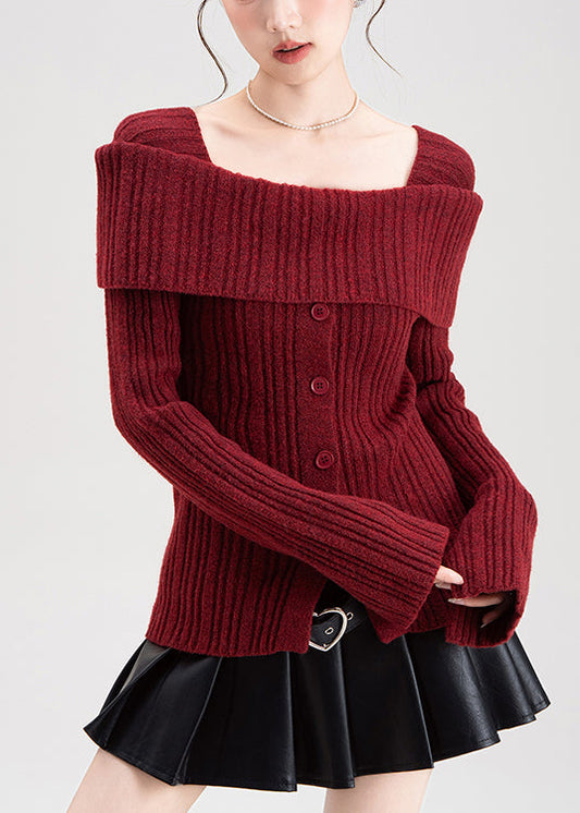 Art Red Square Collar Side Open Knit Cardigan Winter