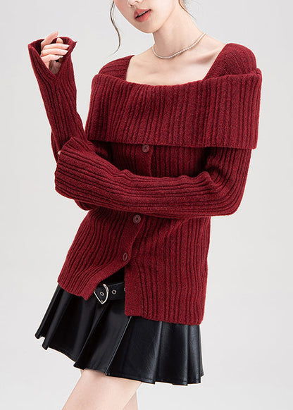 Art Red Square Collar Side Open Knit Cardigan Winter