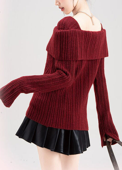 Art Red Square Collar Side Open Knit Cardigan Winter