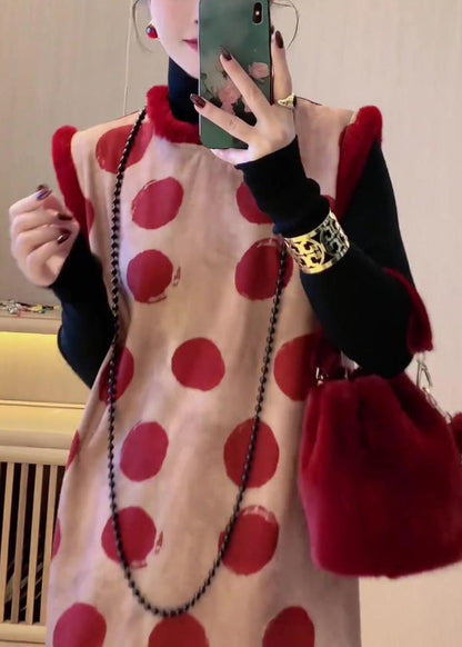 Art Red Stand Collar Dot Patchwork Thick Dress Sleeveless