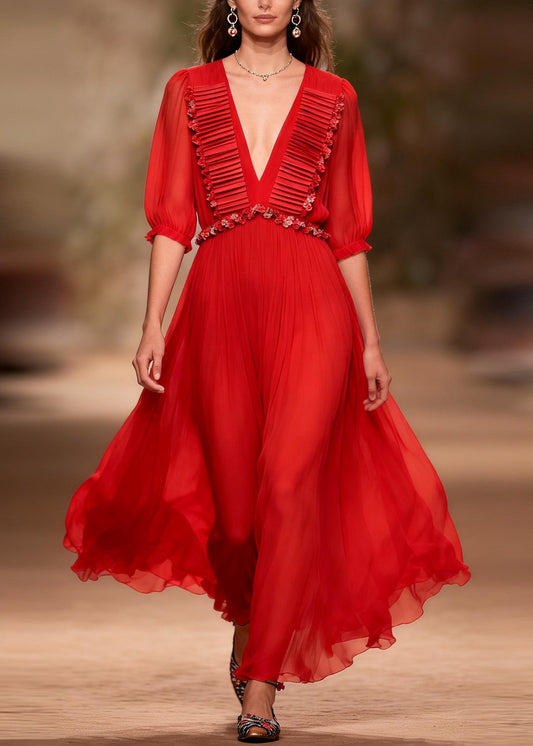 Art Red V Neck Floral Patchwork Chiffon Maxi Dresses Summer
