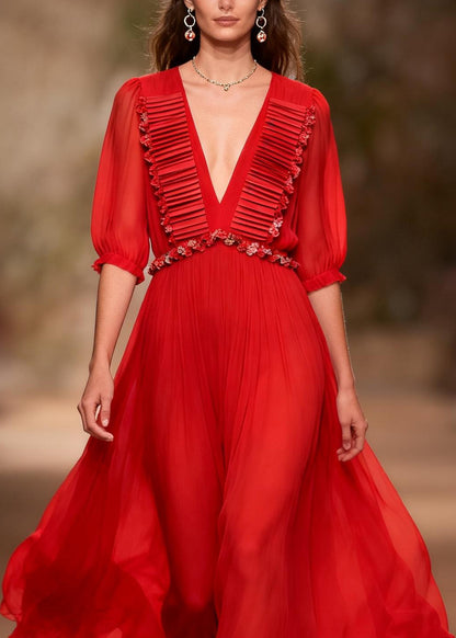 Art Red V Neck Floral Patchwork Chiffon Maxi Dresses Summer