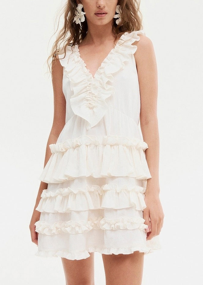 Art Red V Neck Ruffled Cotton Mini Dress Sleeveless