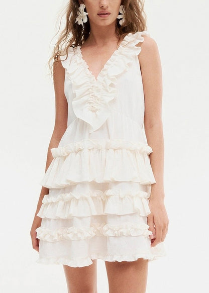 Art Red V Neck Ruffled Cotton Mini Dress Sleeveless