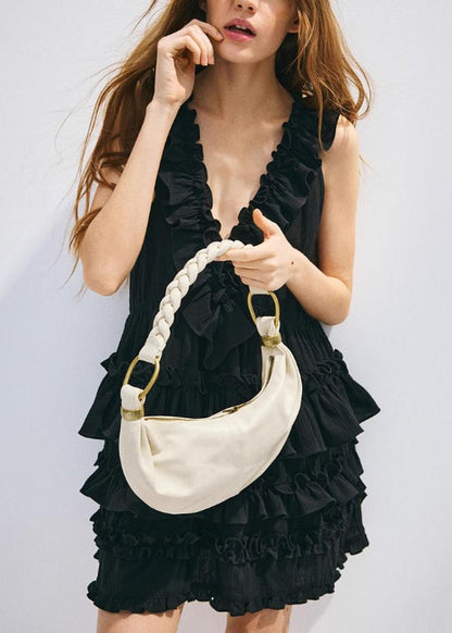 Art Red V Neck Ruffled Cotton Mini Dress Sleeveless