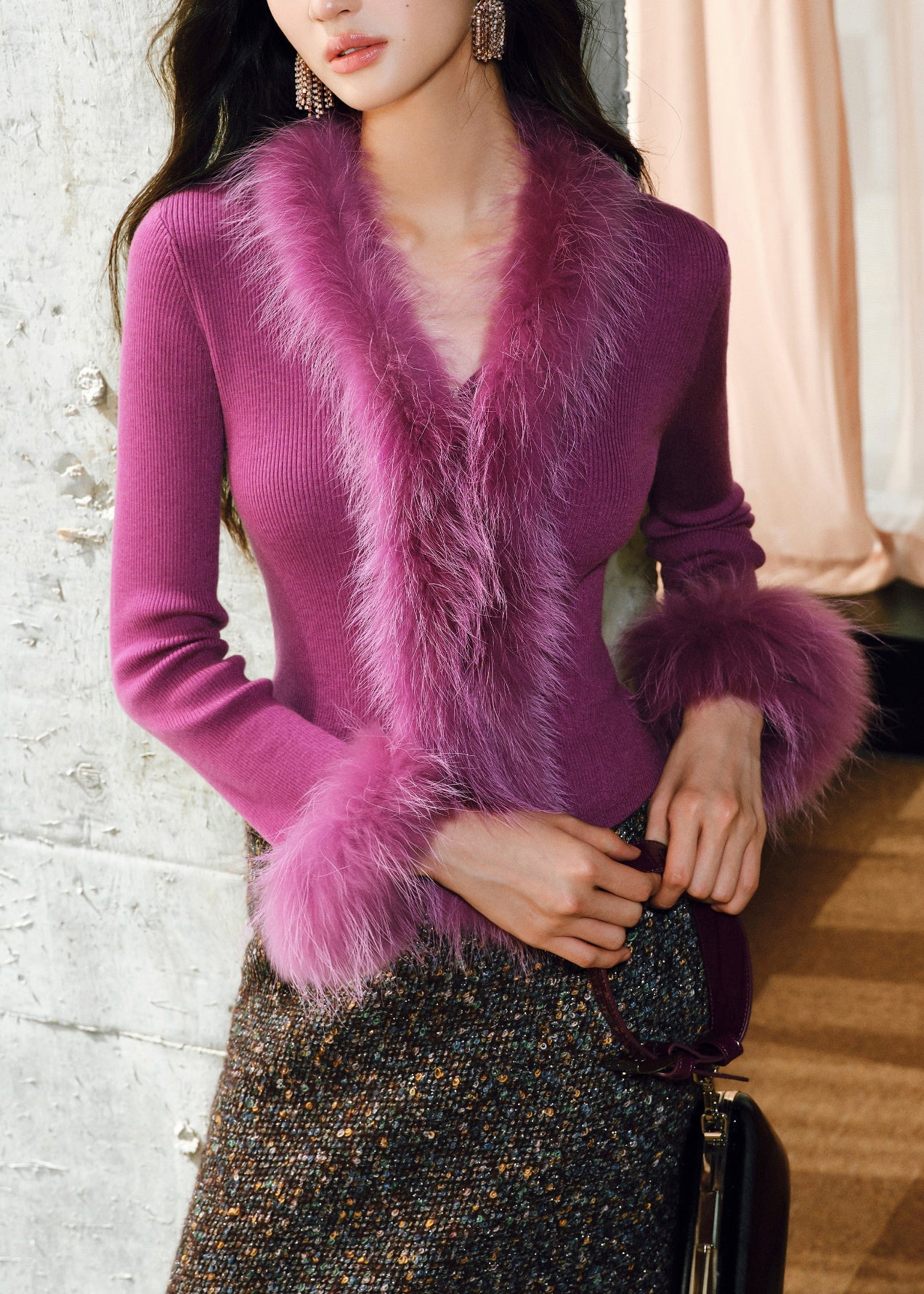 Art Rose V Neck Patchwork Fox Fur Knit Top Winter