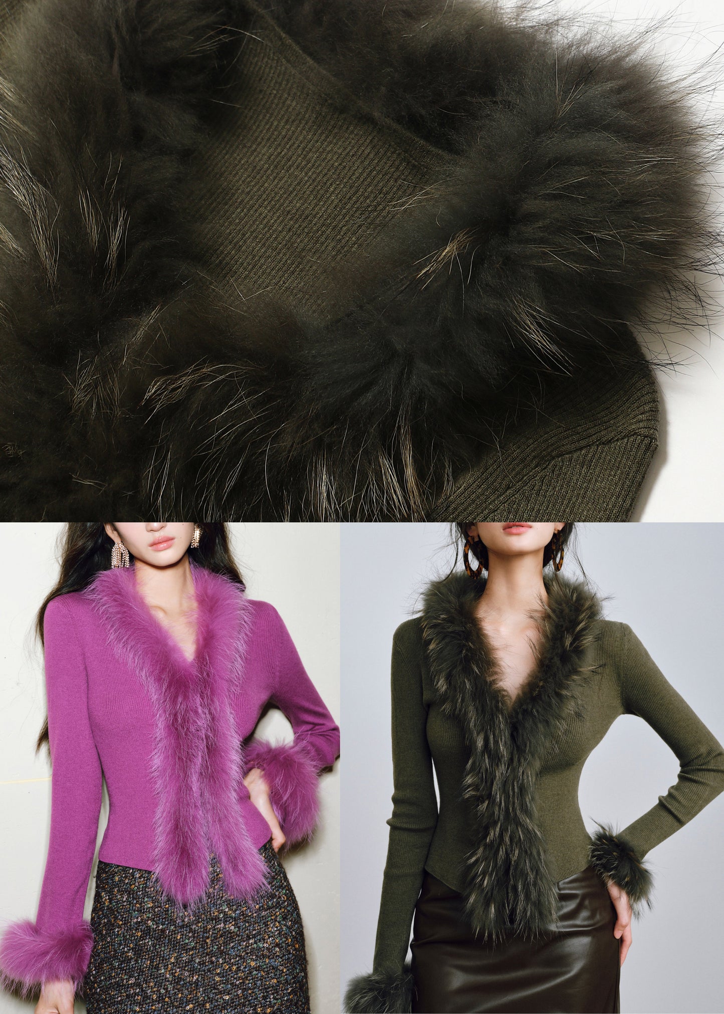 Art Rose V Neck Patchwork Fox Fur Knit Top Winter